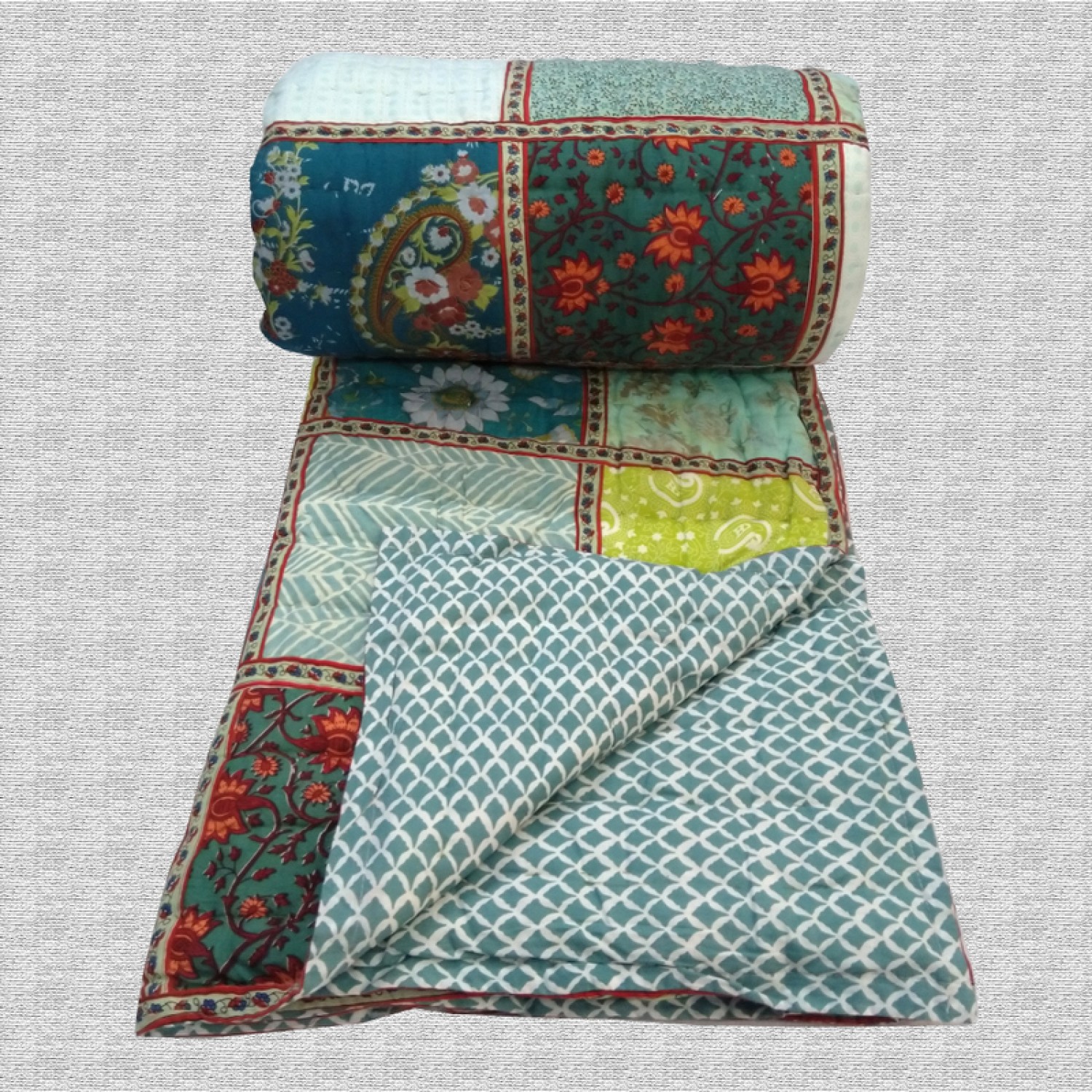 Hand Block Print & Patchwork Double bed Quilt 