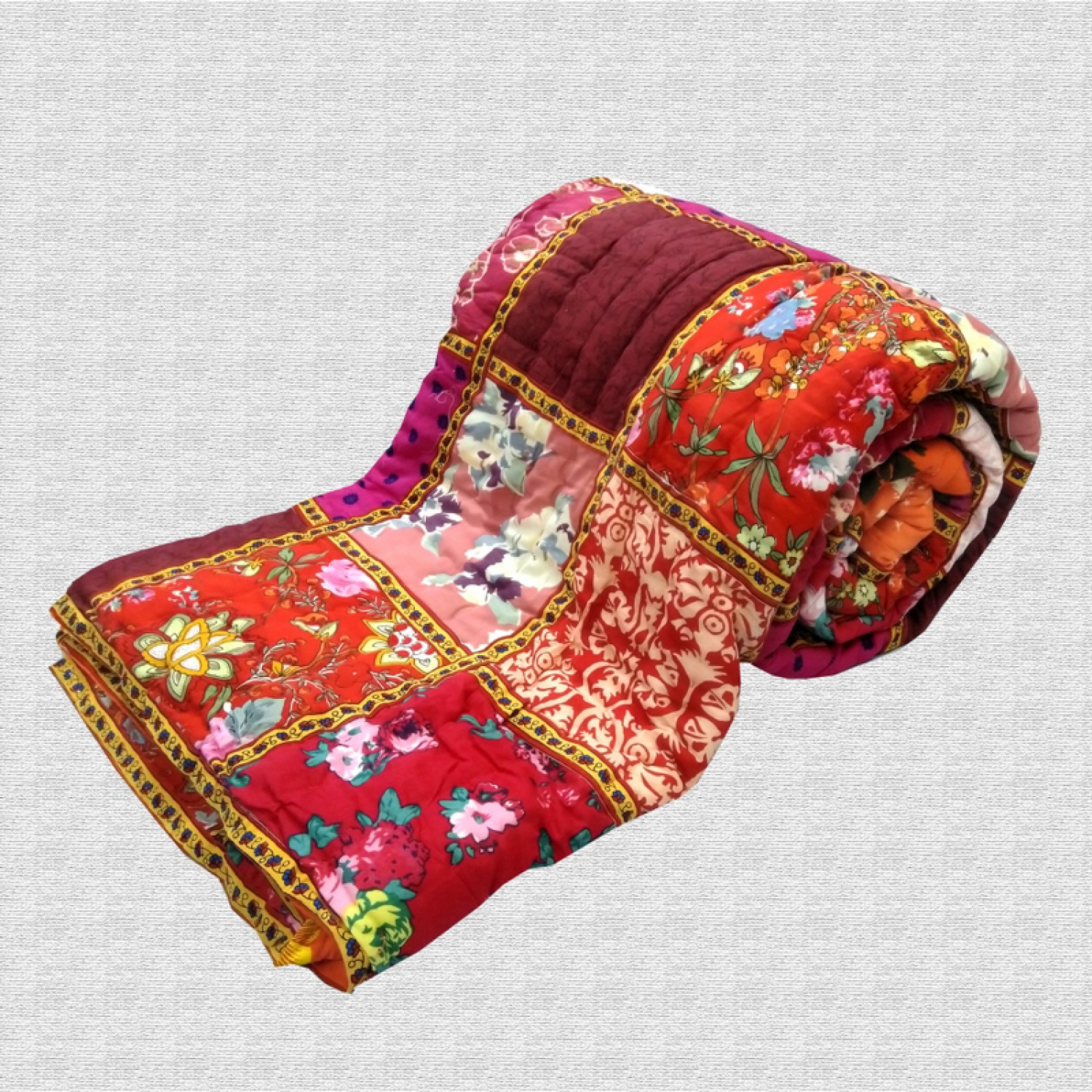 Hand Block Print & Patchwork Double bed Quilt 