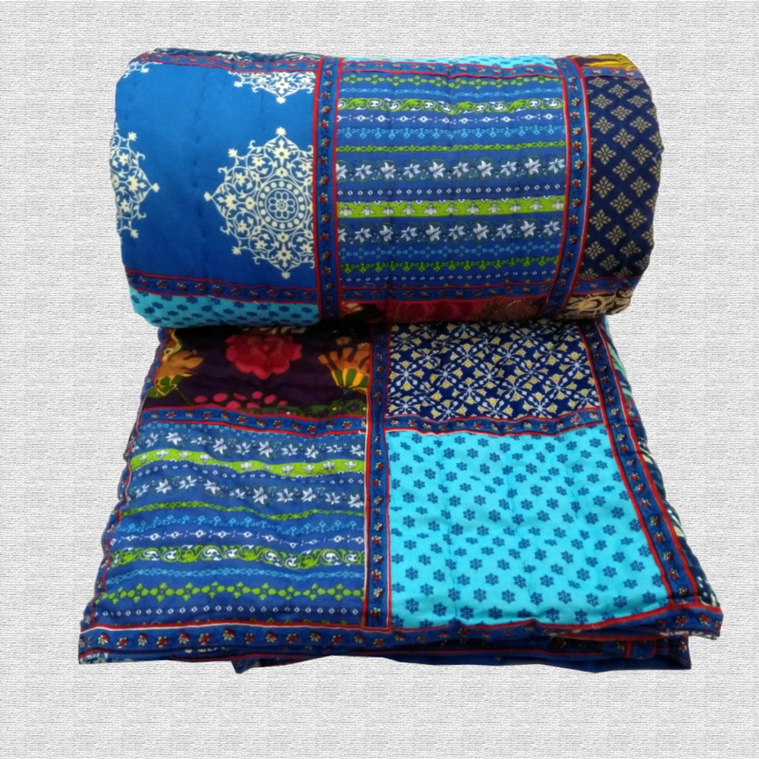 Hand Block Print & Patchwork Double bed Quilt 